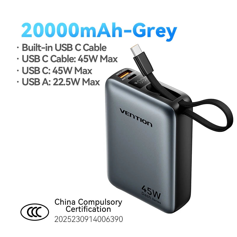 Power Bank Vention 20000mAh 45W Carregamento Super Rápido