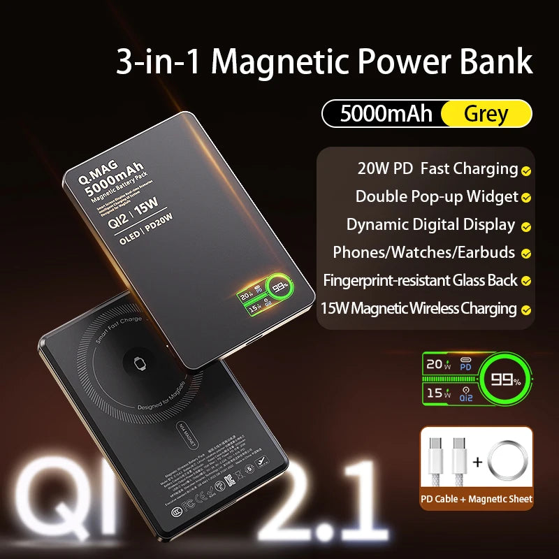 Power Bank Magnético Qi 2.1 10000mAh – Carregamento Sem Fio Turbo