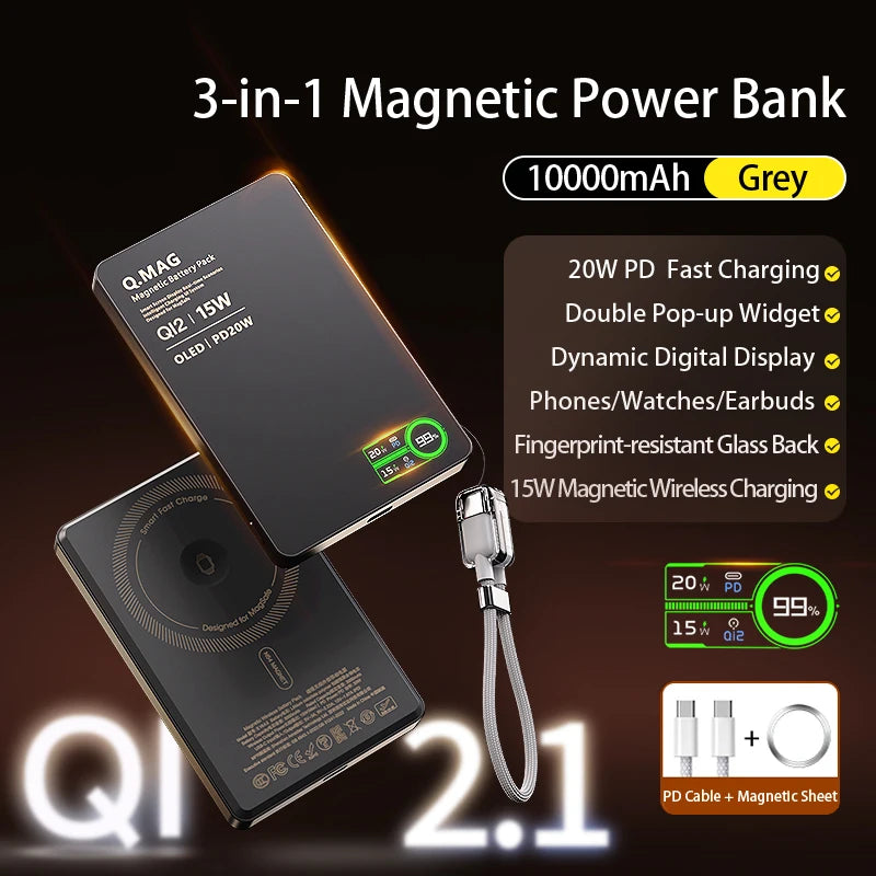 Power Bank Magnético Qi 2.1 10000mAh – Carregamento Sem Fio Turbo