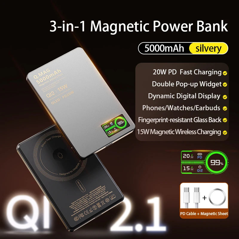 Power Bank Magnético Qi 2.1 10000mAh – Carregamento Sem Fio Turbo