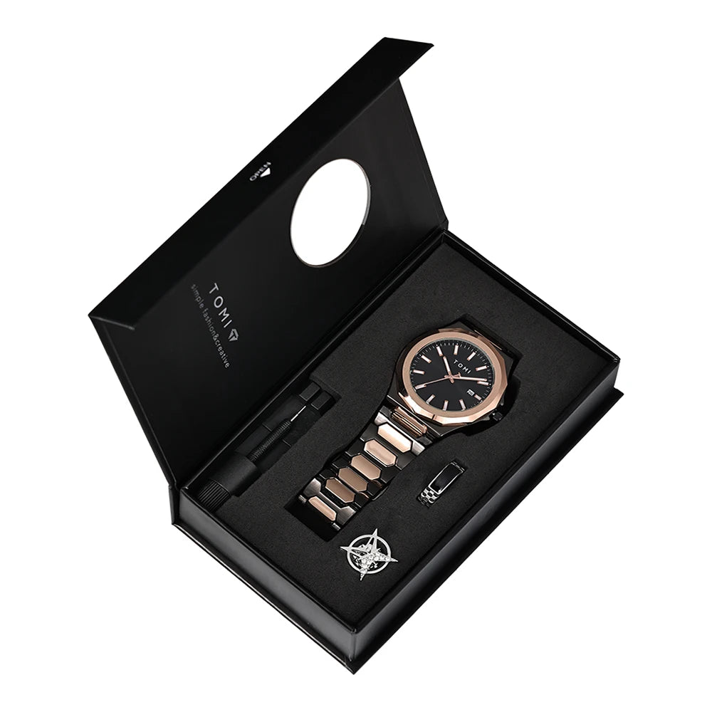 Relógio Masculino TOMI Luxo Rose Gold com Kit Presente