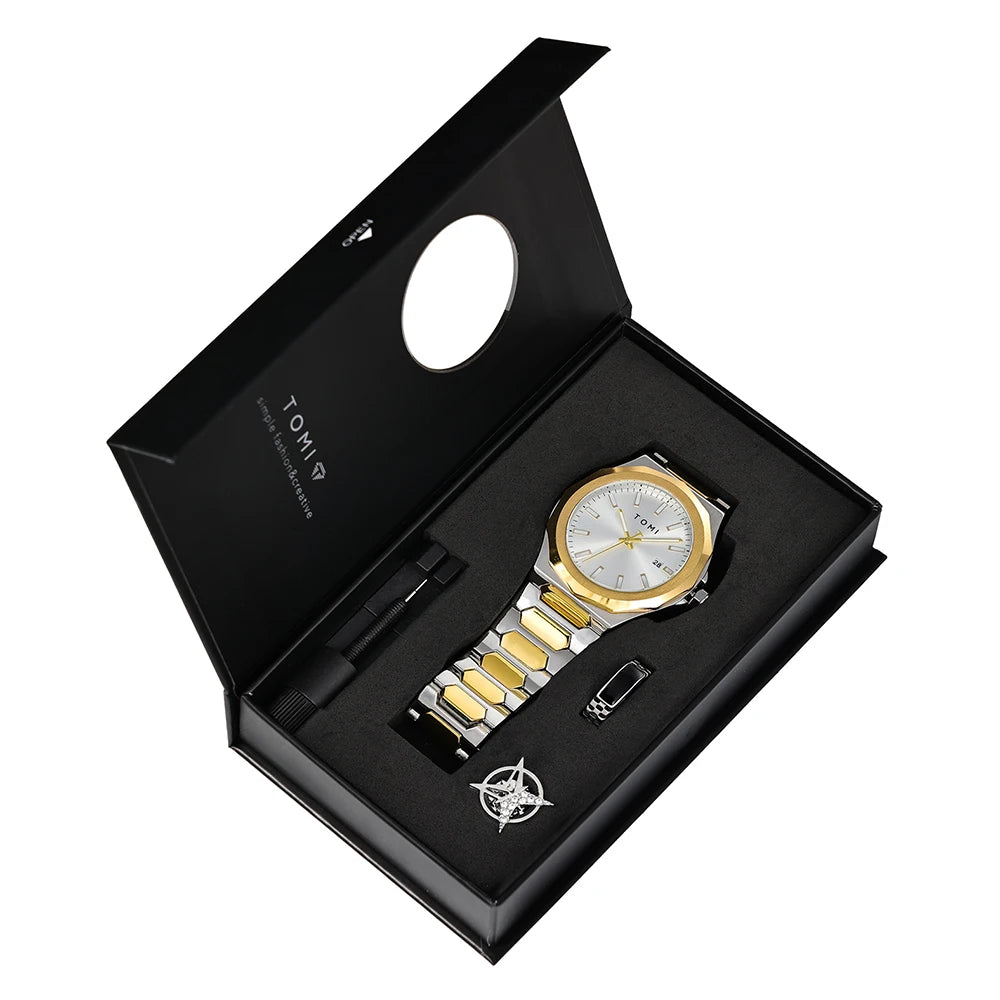 Relógio Masculino TOMI Luxo Rose Gold com Kit Presente