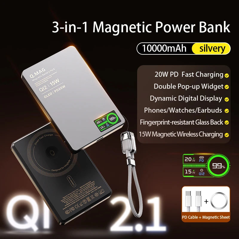 Power Bank Magnético Qi 2.1 10000mAh – Carregamento Sem Fio Turbo