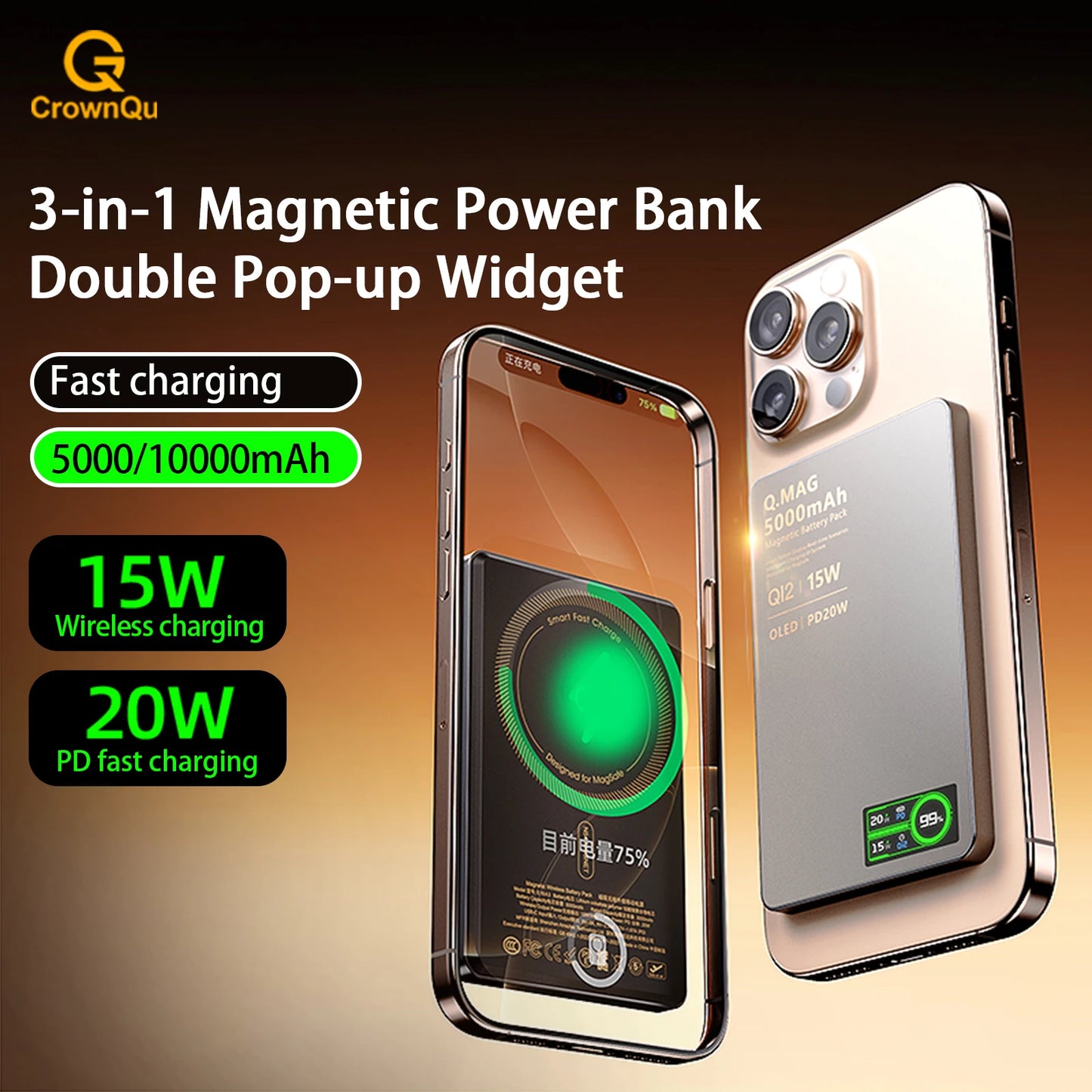 Power Bank Magnético Qi 2.1 10000mAh – Carregamento Sem Fio Turbo
