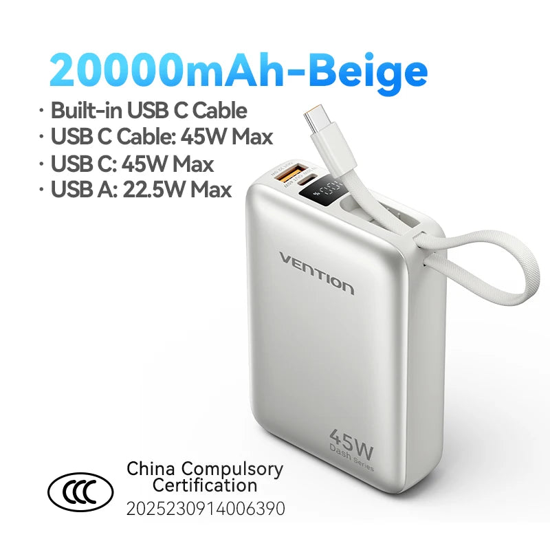 Power Bank Vention 20000mAh 45W Carregamento Super Rápido